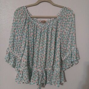 Democracy Women's Off Shoulder Blouse Sz L  3/4 Sleeves  Crocheted  Ruffled...